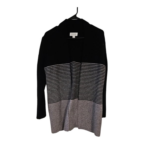 ELLE Black & Gray Open Front Long Color block Cardigan Sweater sz S - Picture 3 of 12